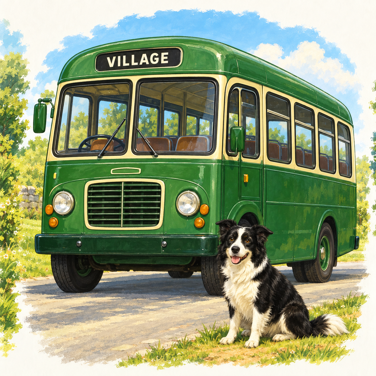 Rover beside the village bus