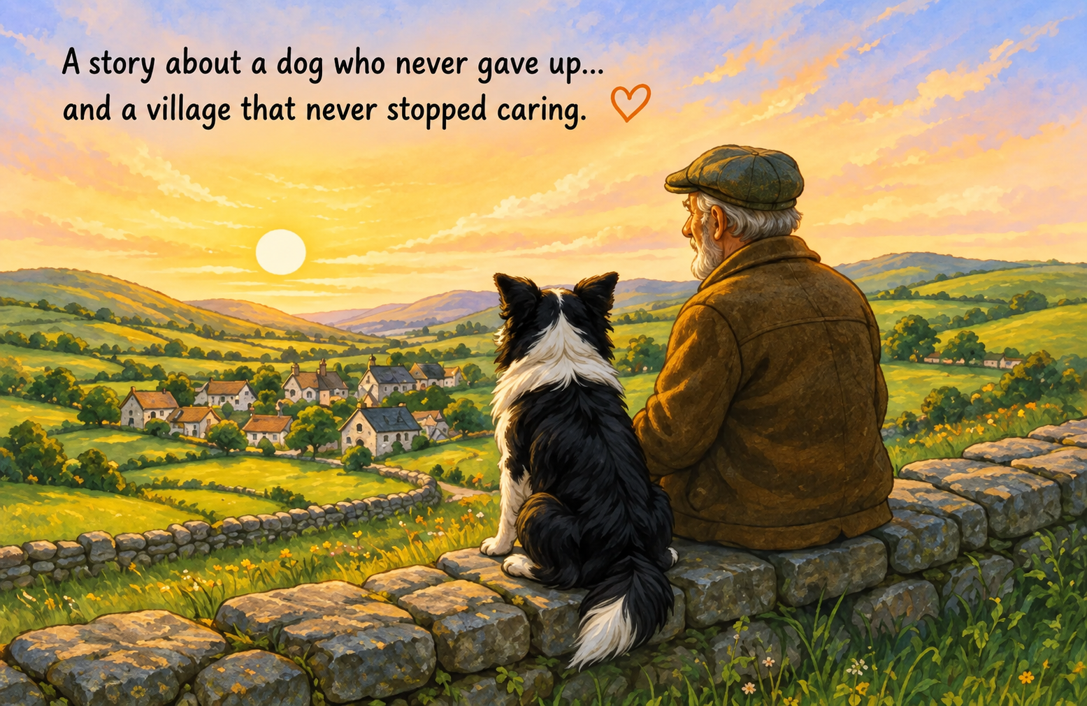 Rover and an older man overlooking an Irish village at sunset, with the words: A story about a dog who never gave up, and a village that never stopped caring